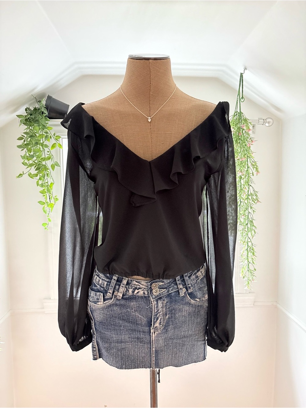 Dynamite Black Ruffle V-Neck Sheer Long Sleeve Blouse